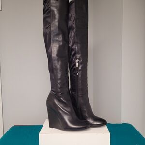 Laurel Leather Over-the-knee Wedge Boots with Side Zip